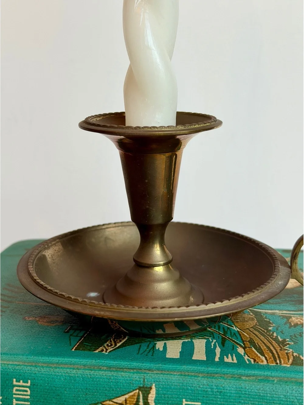 Vintage Brass Chamberstick Candle Holder Taj Mahal India Finger Loop Handle